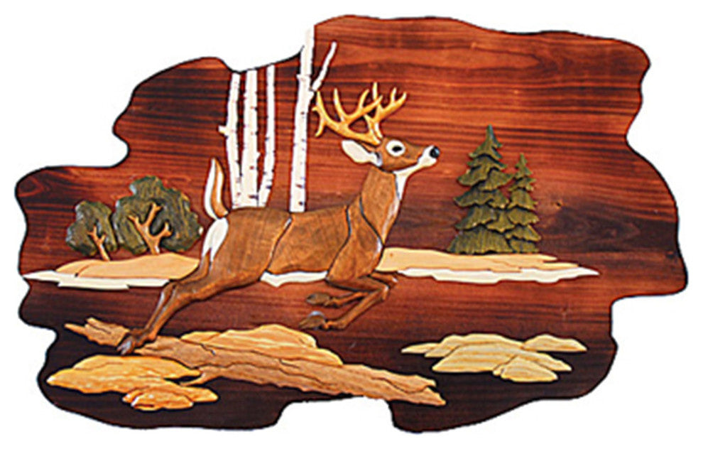 Jumping Deer Hand Crafted Intarsia Wood Art Wall Hanging 26 X 18 X 2.5 Inches