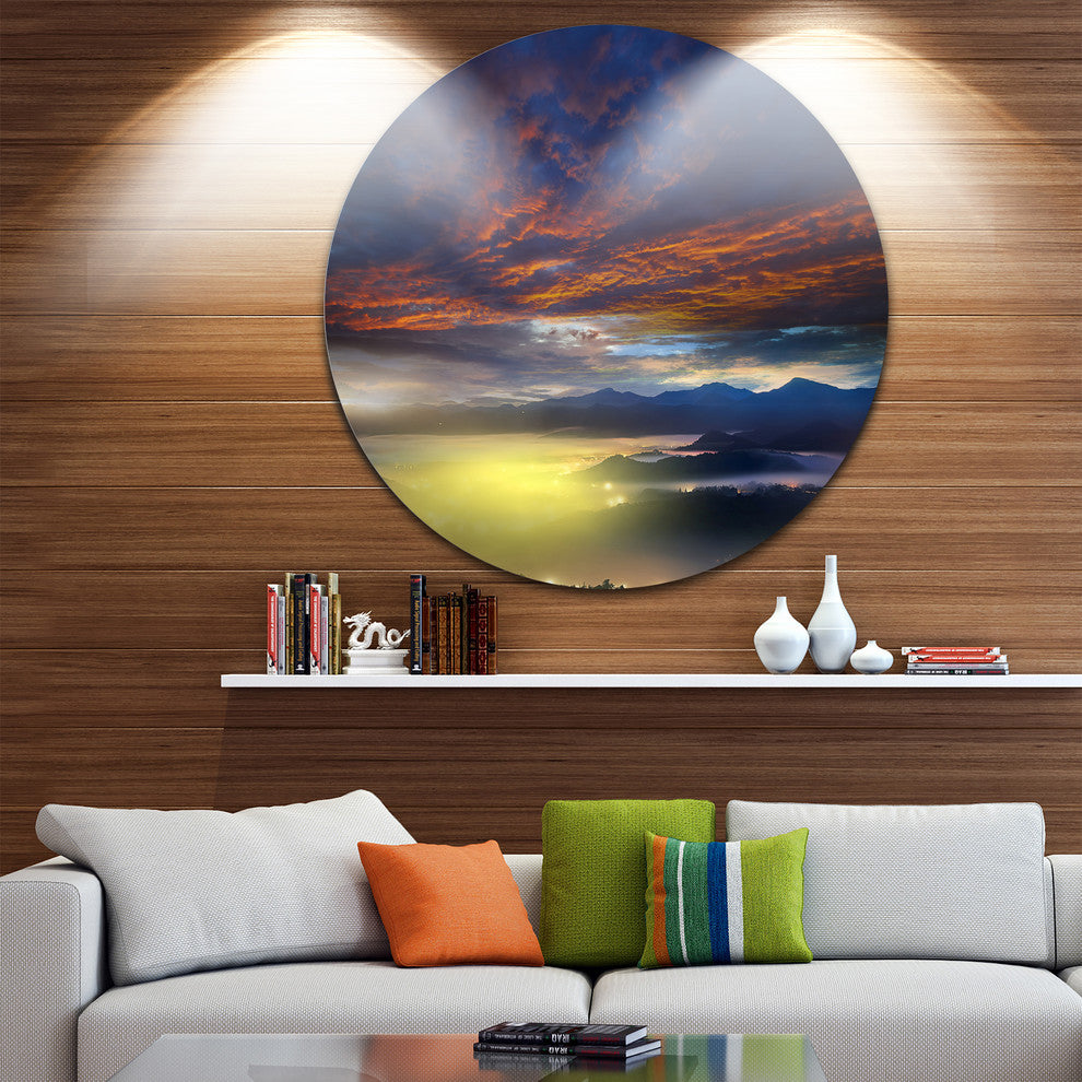 Yellow Sunlight And Fiery Clouds, Landscape Disc Metal Wall Art, 11"