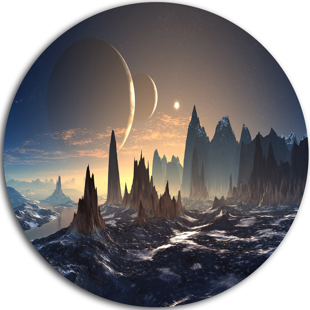 Alien Planet With Mountains, Contemporary Round Wall Art, 36"