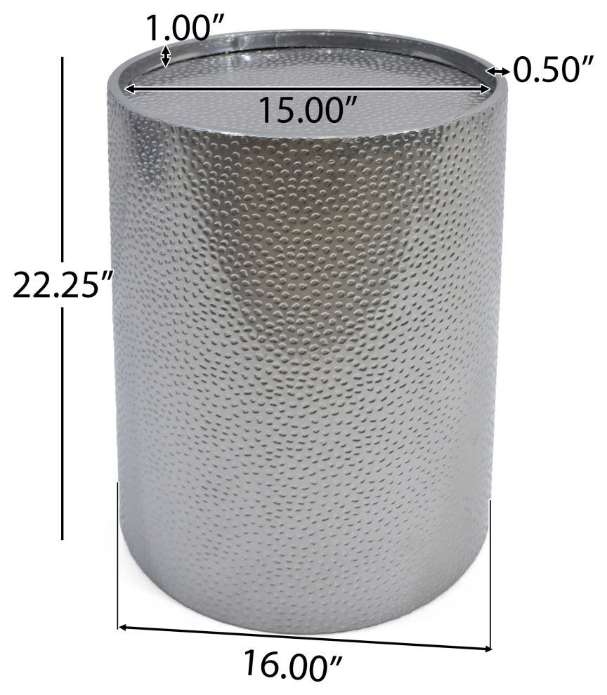 Rache Modern Round Accent Table With Hammered Iron, Silver