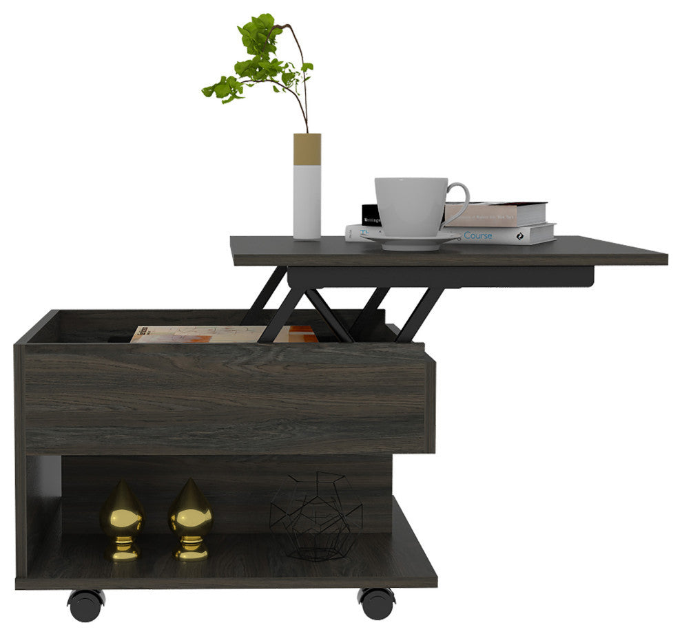 Portland Lift Top Coffee Table with Open Shelf and 4 Casters, Carbon Espresso