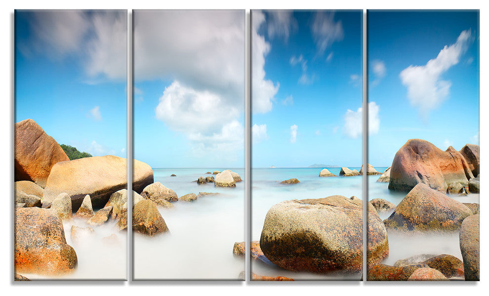 "Rocky Blue Seashore Panorama" Wall Art Landscape, 4 Panels, 48"x28"