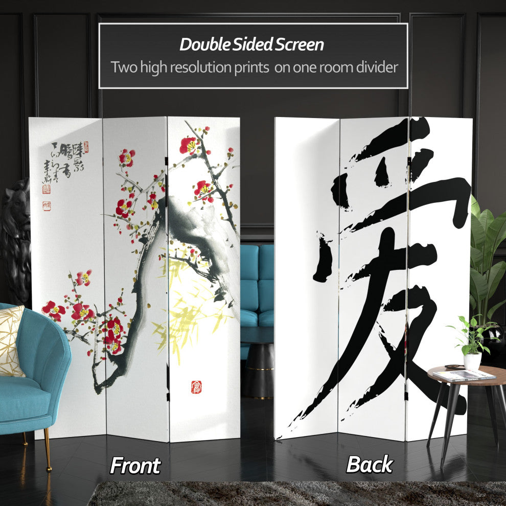 6' Tall Double Sided Cherry Blossoms and Love Canvas Room Divider