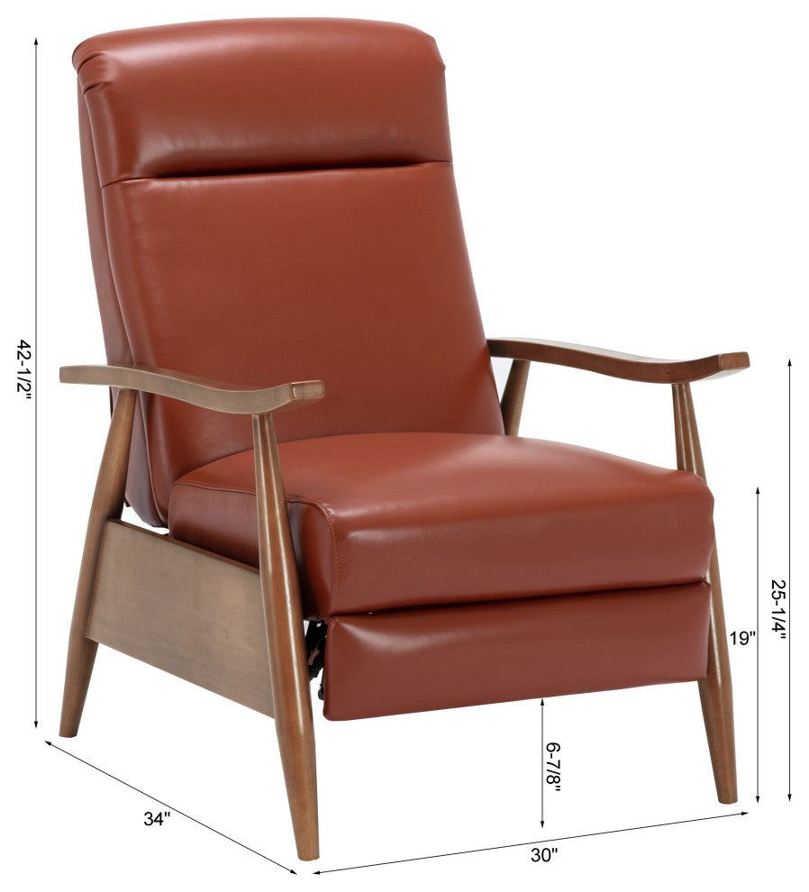 Fairview Leather Wood Arm Push Back Recliner, Caramel
