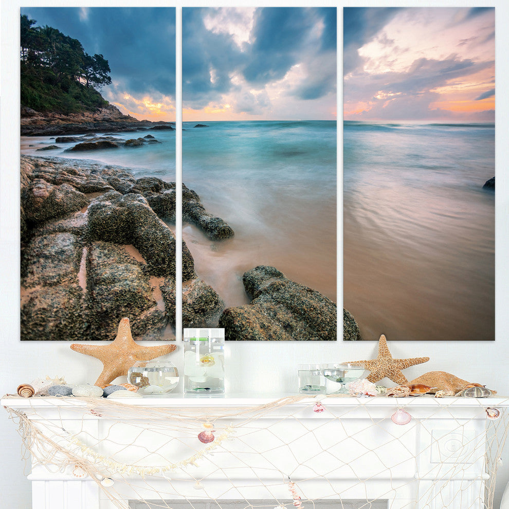 "Gloomy Tropical Sunset Beach" Metal Wall Art, 3 Panels, 36"x28"