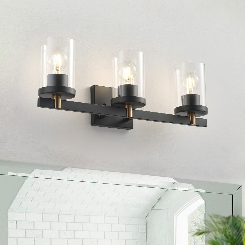 Farmhouse 3-Light Vanity Light Over Mirror With Clear Glass Shade, Black