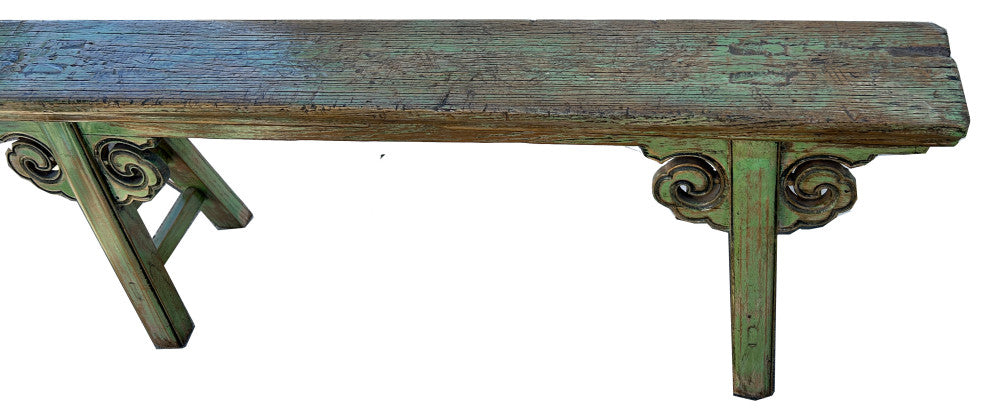 Distressed Lime Green Village Slim Narrow Scroll Apron Wood Bench