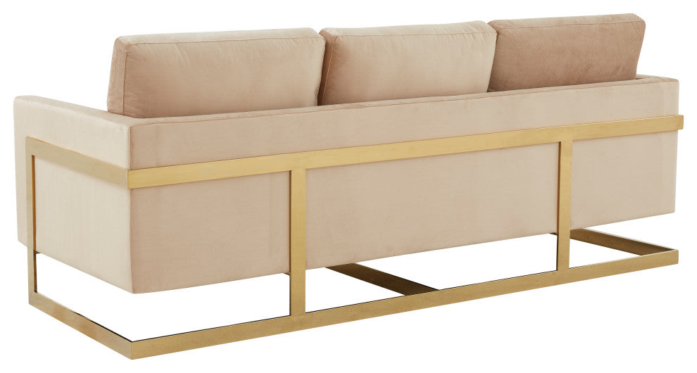 LeisureMod Lincoln Modern Velvet Sofa With Gold Frame, Beige