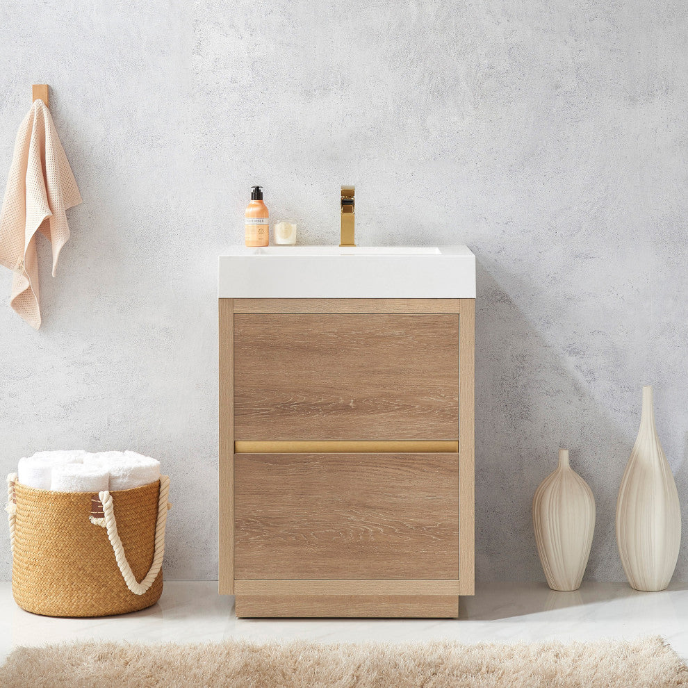 Huesca Bath Vanity, Integrated Sink Top, North American Oak, 24", Without Mirror