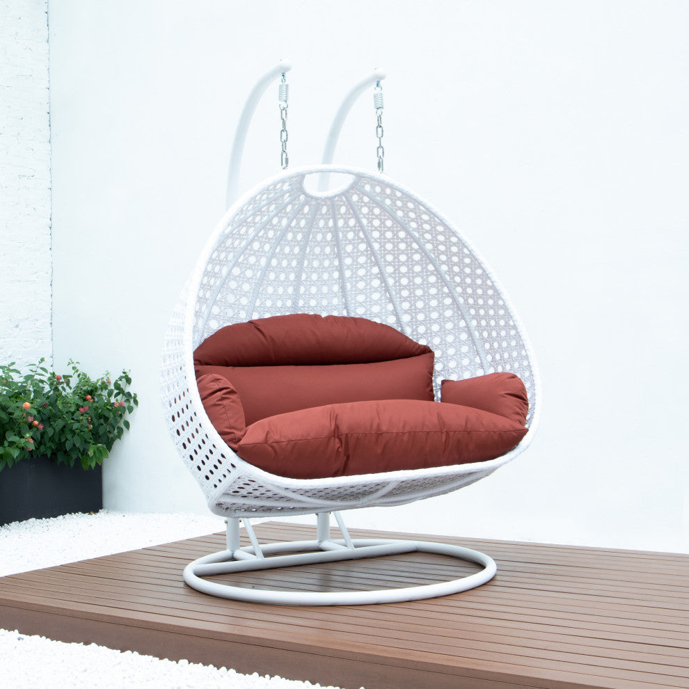 2 Person White Wicker Double Hanging Egg Swing Chair, Dark Orange