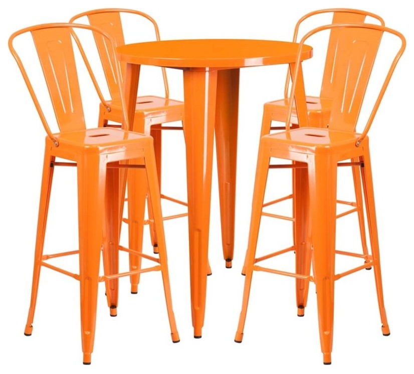 30" Round Orange Metal Indoor-Outdoor Bar Table Set with 4 Cafe Stools