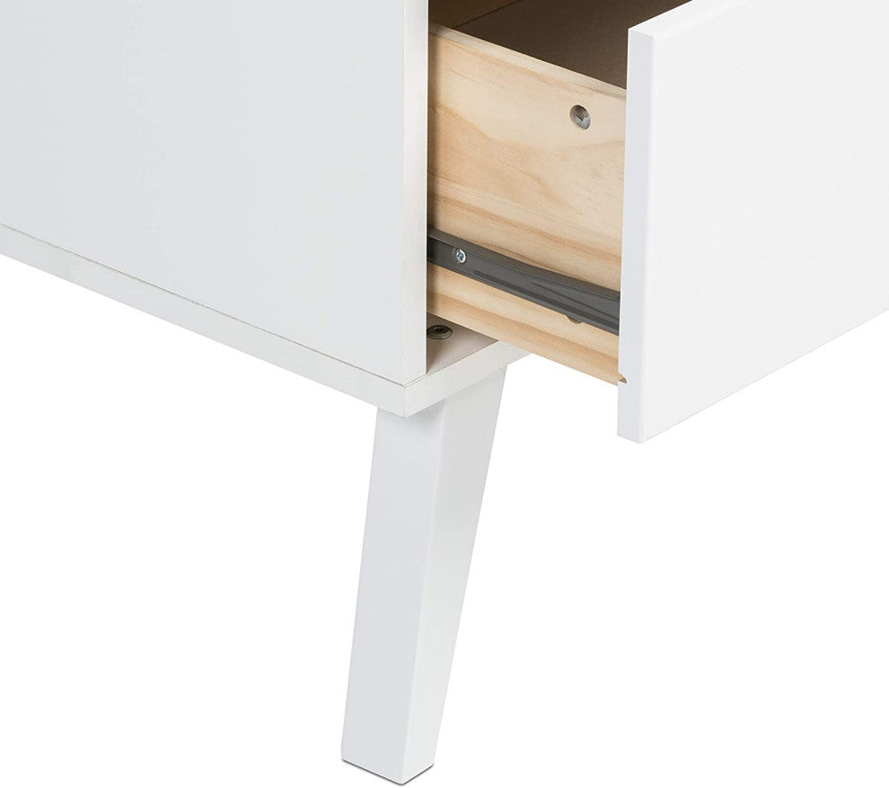 Mid Century Modern Dresser, Tapered Legs and 6 Drawers With Brass Knobs, White