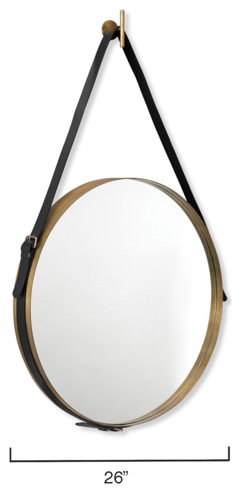 Round Steel Mirror, Antique Brass and Black Leather Strap