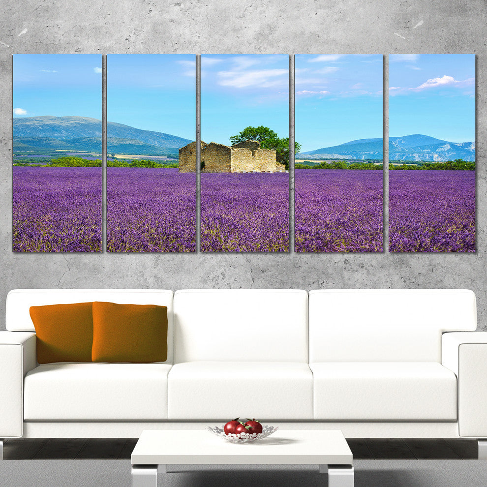 "Old House And Tree in Lavender Field" Landscape Wall Art, 5 Panels, 60"x28"