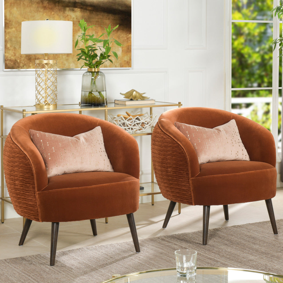 London Ruched Barrel Accent Chair, Burnt Orange Velvet
