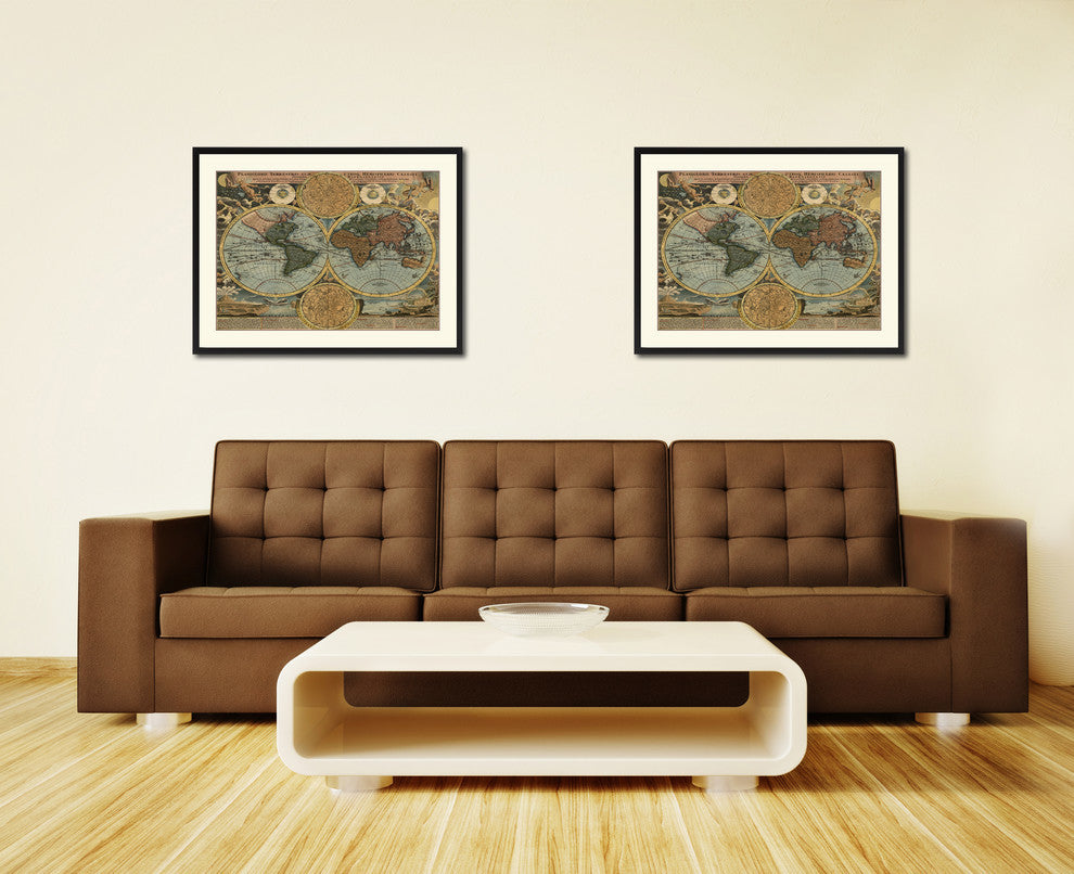 World Vintage Map Print On Canvas With Picture Frame 28" X 37"