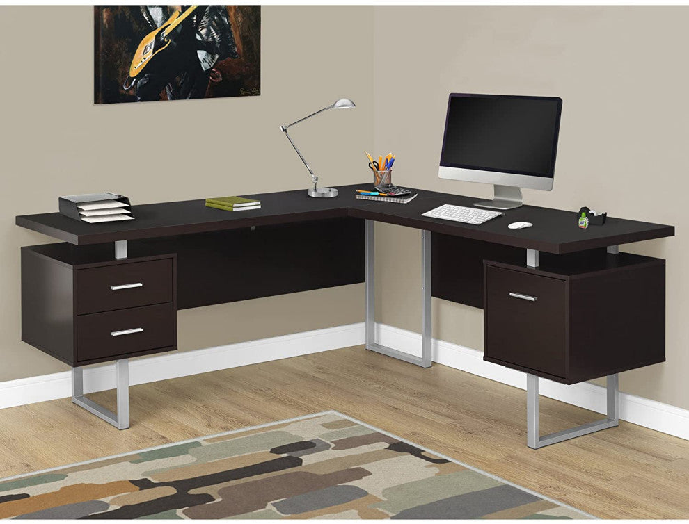 Contemporary Desk, Corner Design With Silver Frame and Floating Top, Cappuccino