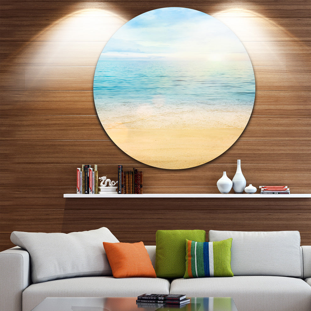 Golden Sand With Blue Sea Waters, Beach Round Metal Wall Art, 38"