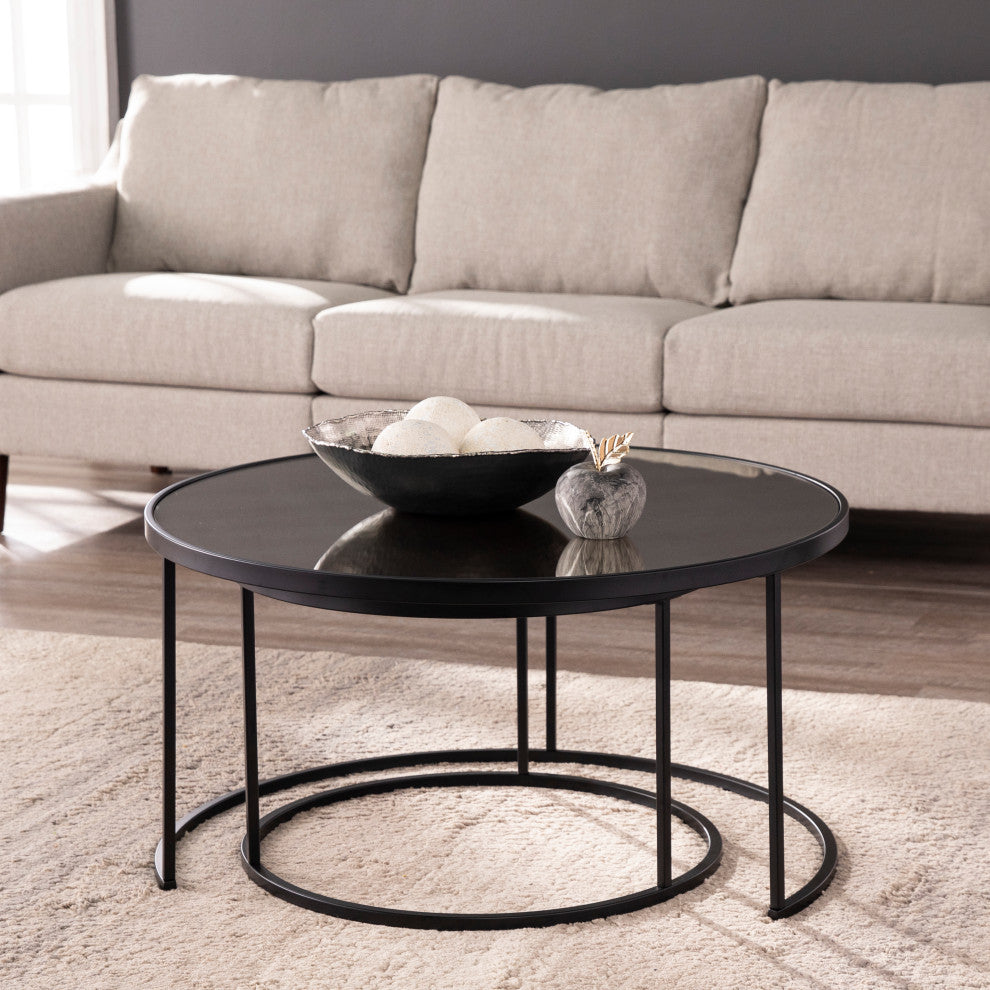 Donabbey Round Nestng Cocktail Tables 2pc Set, Antique Mirror and Black