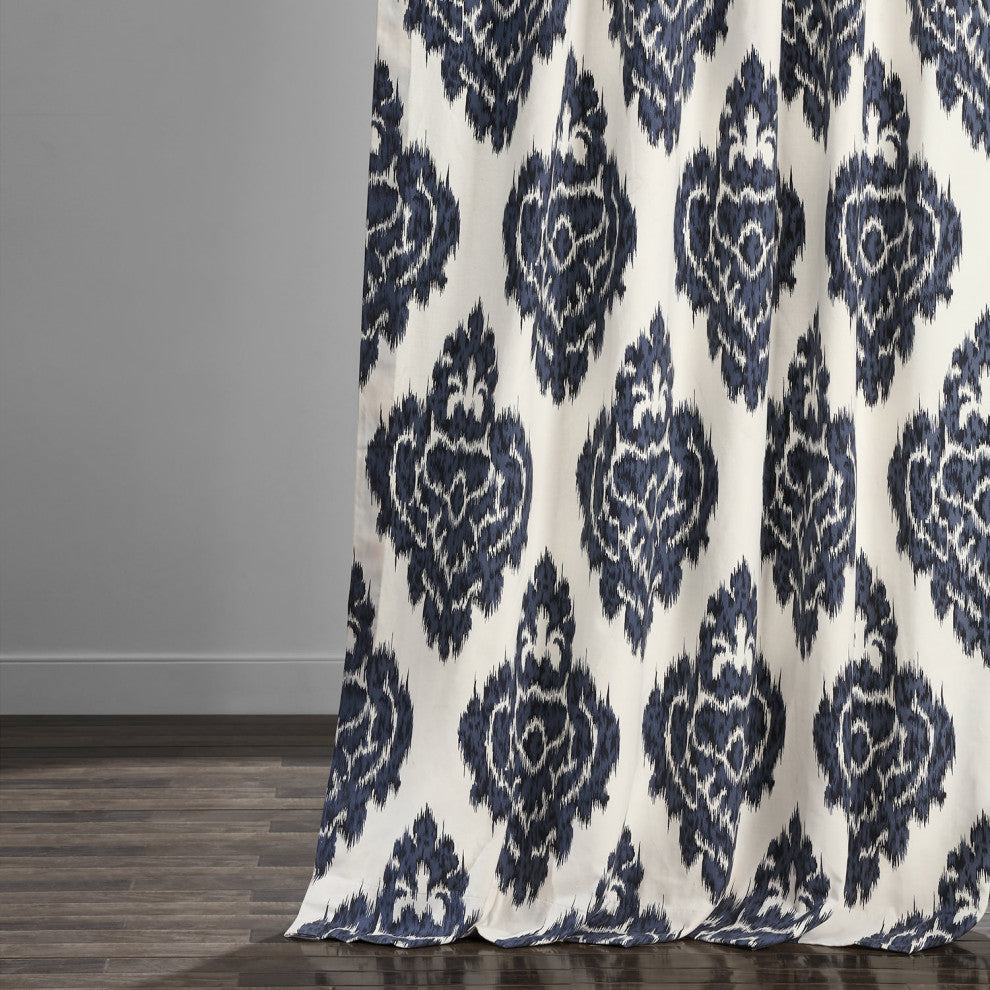 Ikat Blue Printed Cotton Curtain Single Panel, 50"x108"