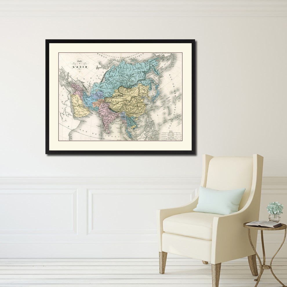 Asia Map Print On Canvas With Black Frame, 16" X 21"