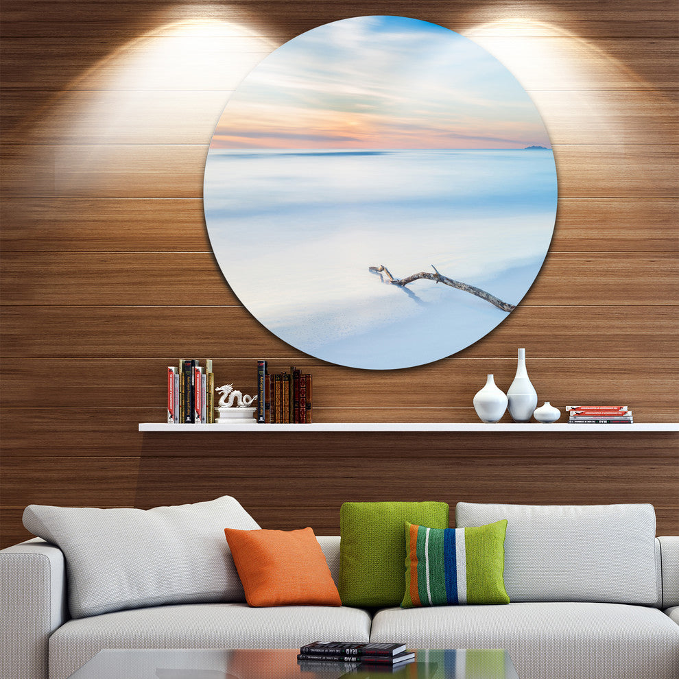 Wood Branch On Beach At Twilight, Seascape Disc Metal Wall Art, 23"
