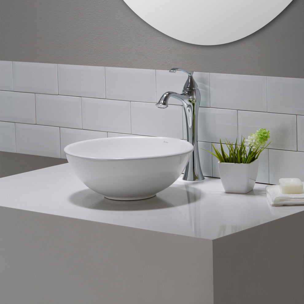 Elavo Ceramic Round Vessel White Sink, PU Drain Chrome