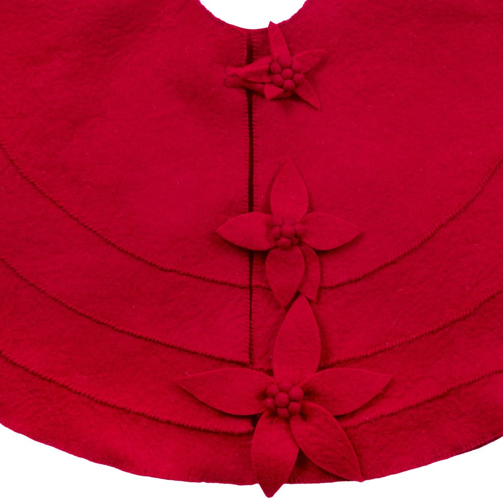 Red Poinsettia Buttons Christmas Tree Skirt in Hand Felted Wool, 60"