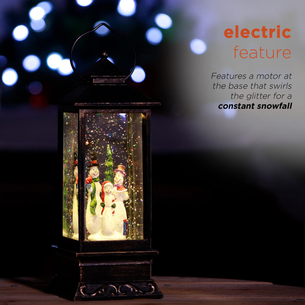 11"H Indoor Lantern Snowman Snow Globe Holiday Decoration with LED Light, Bronze