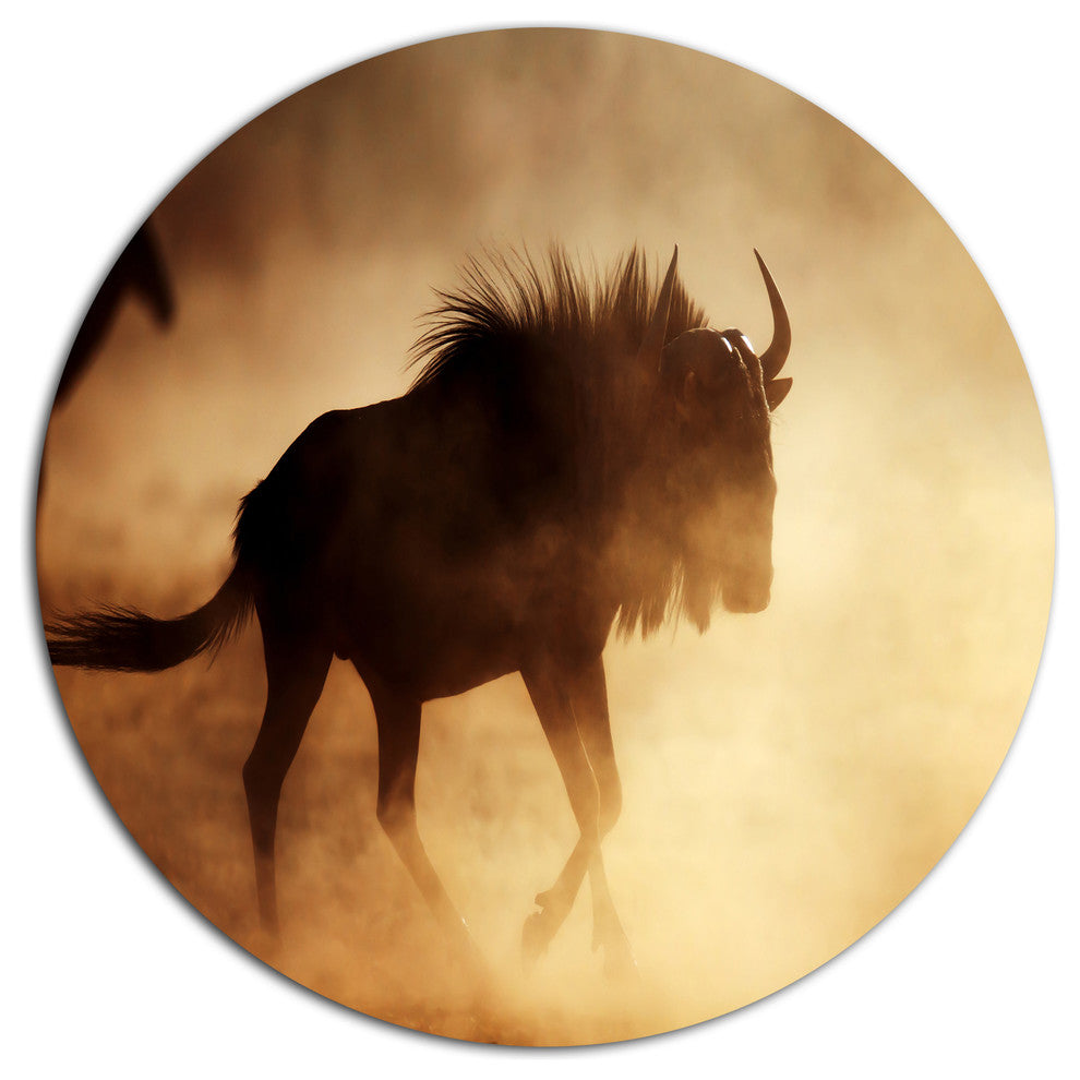 Blue Wildebeest Running In Dust, African Round Wall Art, 36"