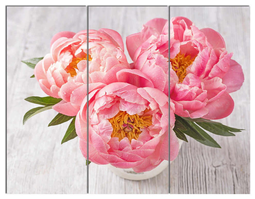 Peony Flowers on White Floor, Floral Triptych Canvas Art Print, 36x28, 3 Panels