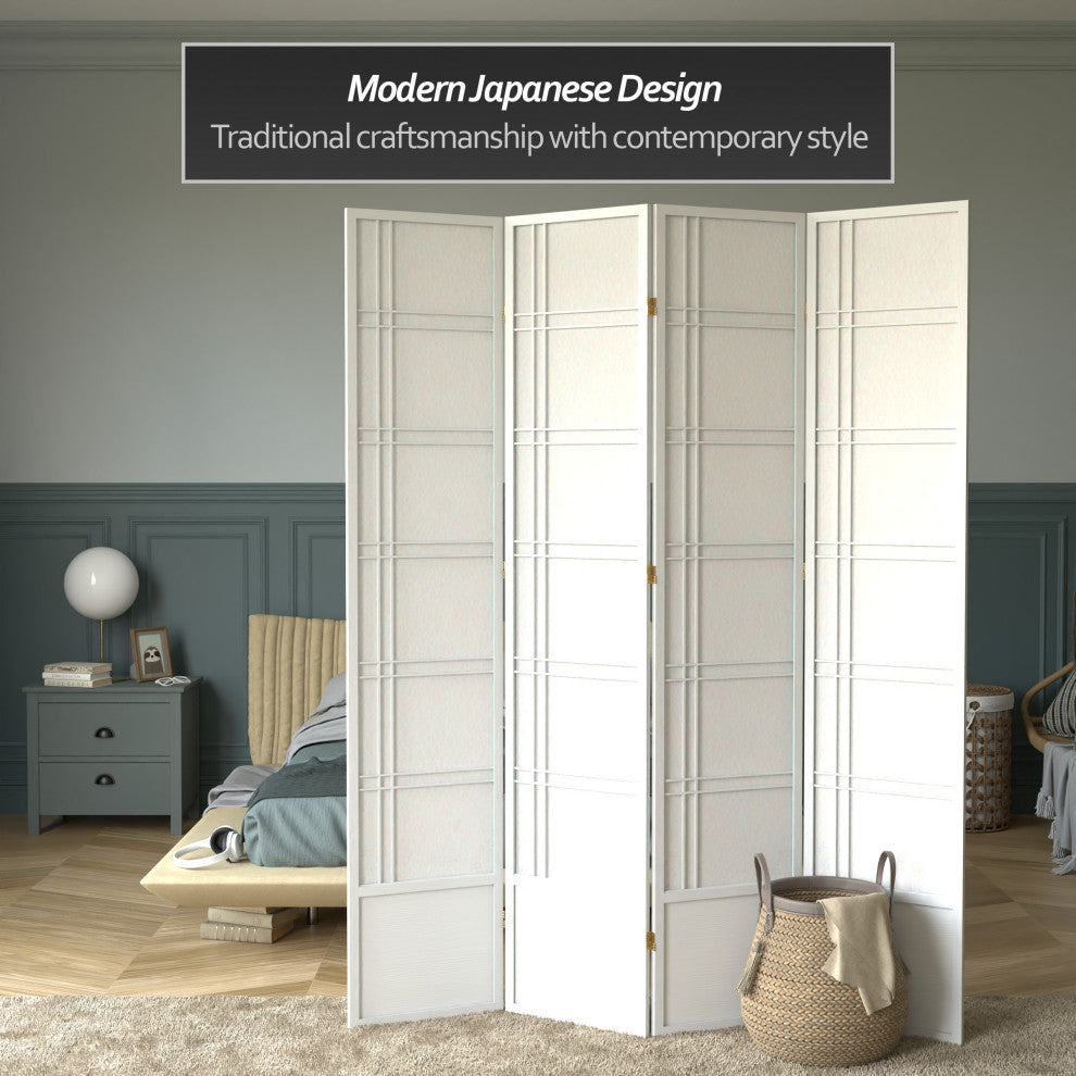 7' Tall Double Cross Shoji Screen, White, 4 Panels