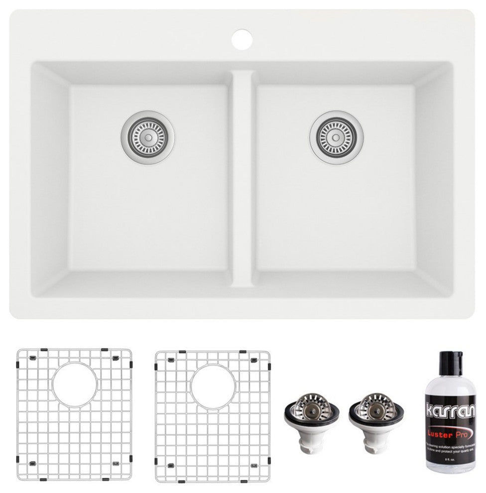 Karran 33" Top Mount Double Equal Bowl Quartz Kitchen Sink Kit, White