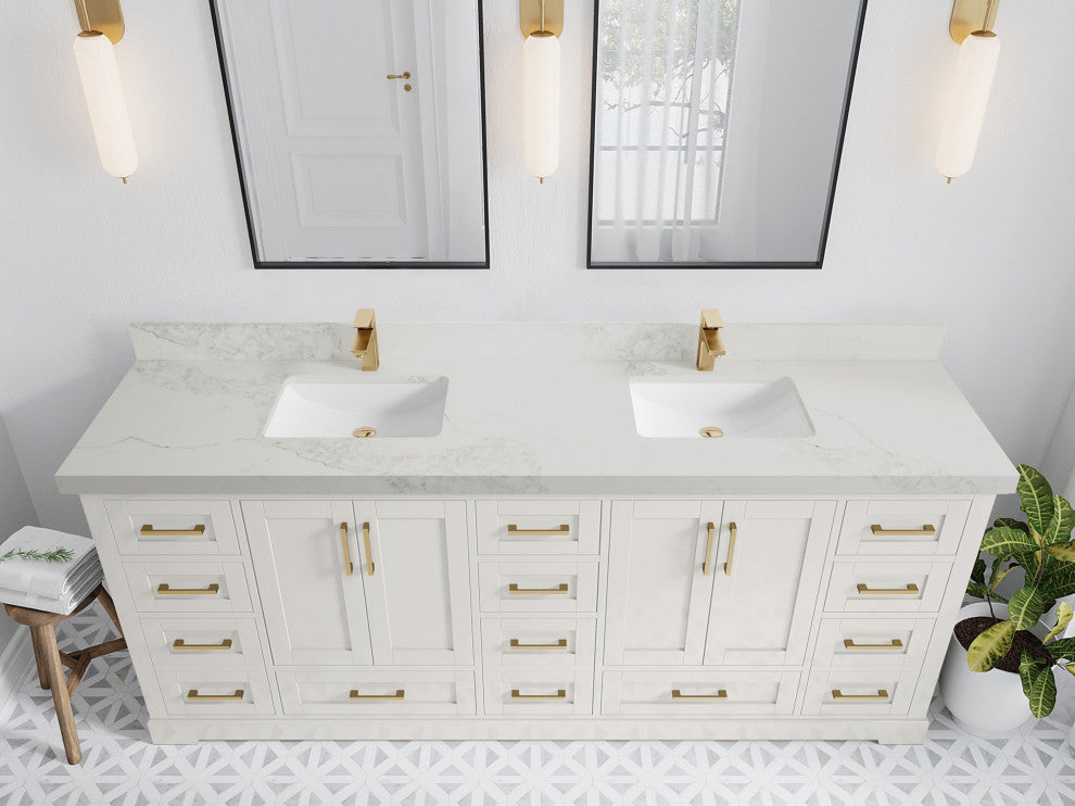 Boston 84" Double Sink Bath Vanity in Alabaster 2" Calacatta Nuvo