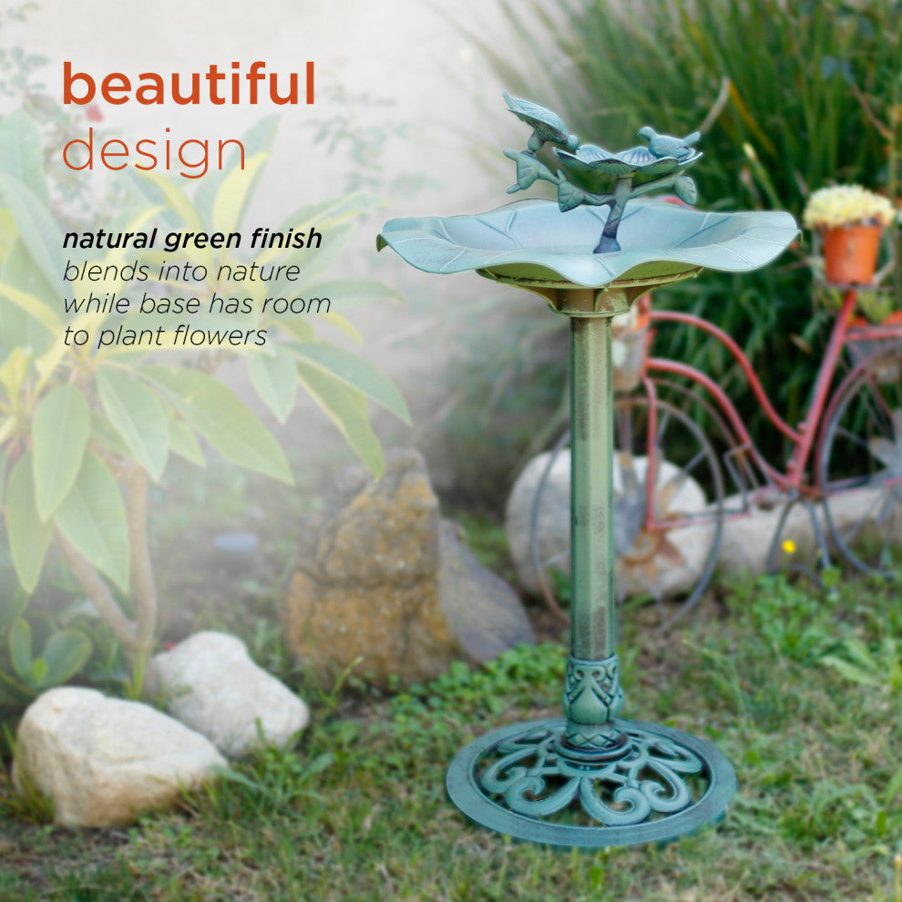 33" Tall Outdoor Lotus Birdbath Yard Statue, Green