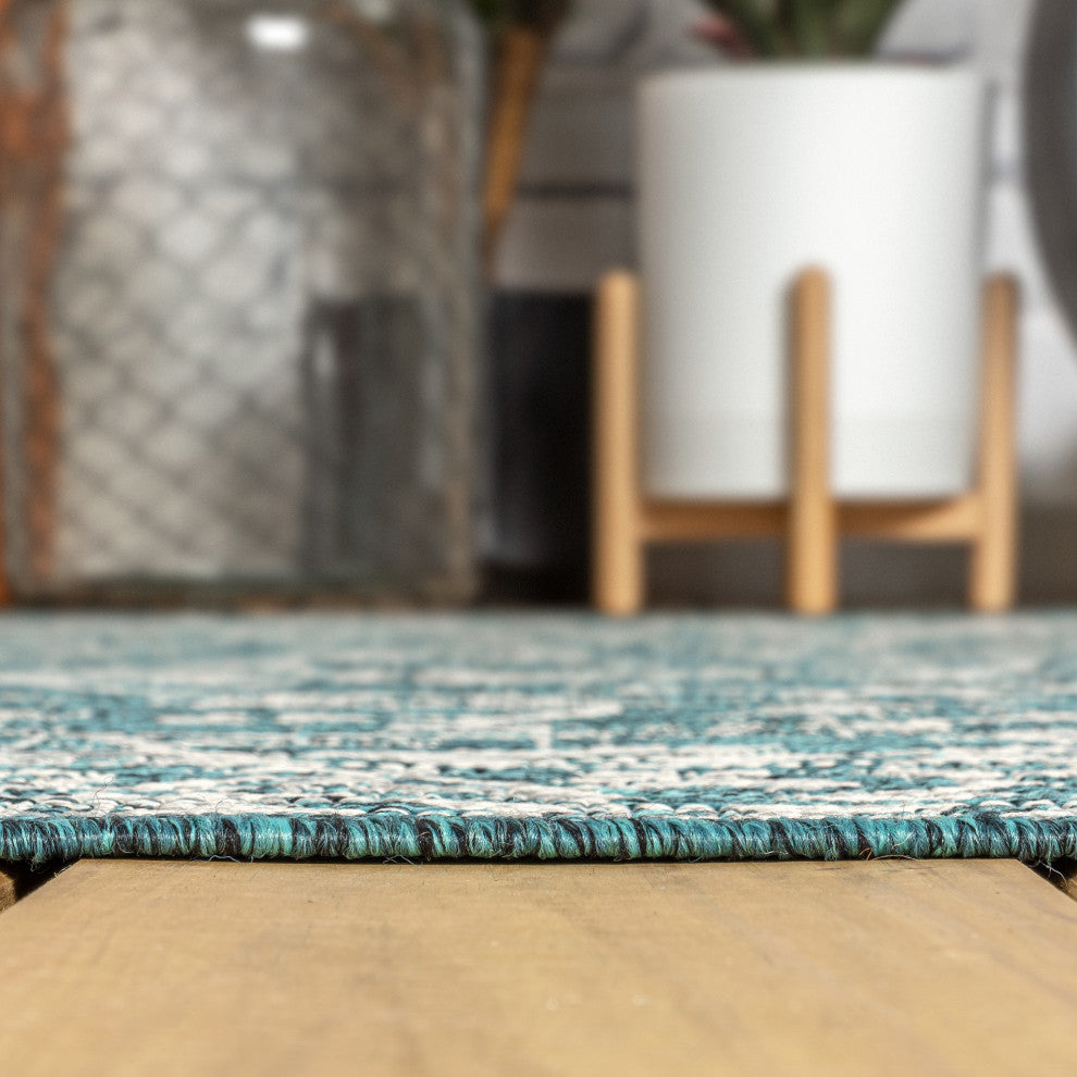 Palazzo Vine and Border Textured Weave Indoor and Outdoor Area Rug, Teal and Gra