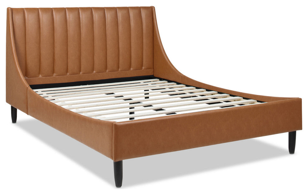 Aspen Modern Vertical Tufted Upholstered Platform Bed, Caramel Tan Brown Faux Leather, Queen