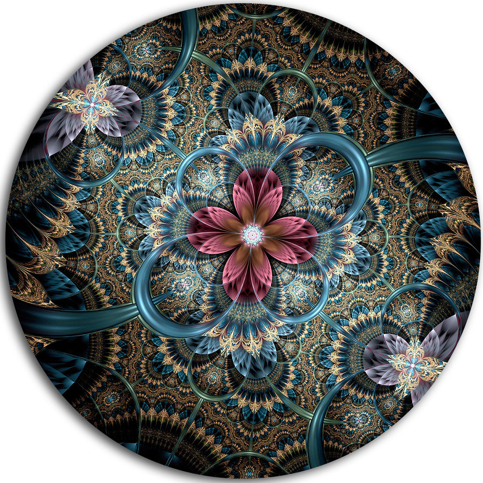 Dark Purple Fractal Flower, Digital Art Floral Round Metal Artwork, 23"