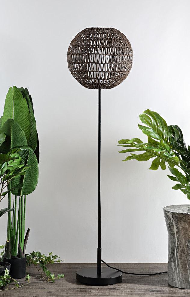 Bea 61" Outdoor Woven Globe LED Floor Lamp, Coffee and Black