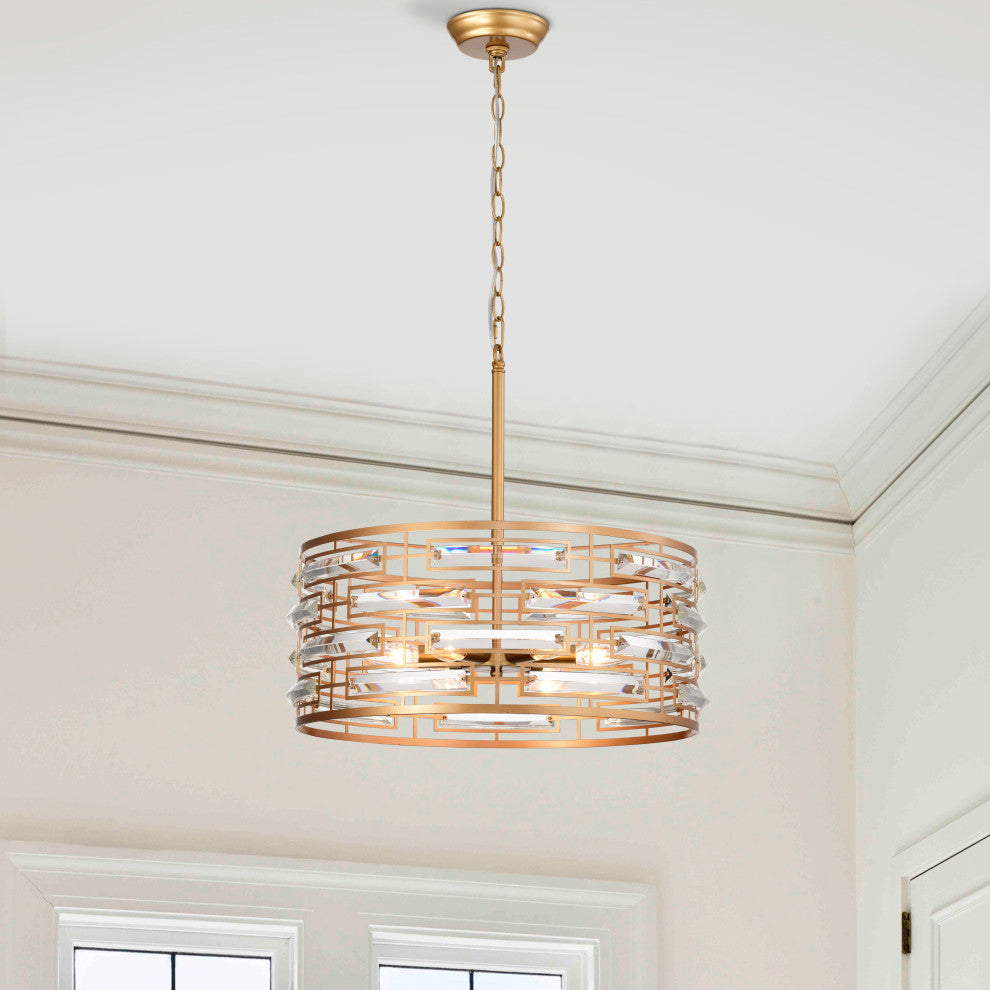 Sue Drum Shade Chandelier With Clear Glass Crystal Prism 6-light, Glossy Brass,