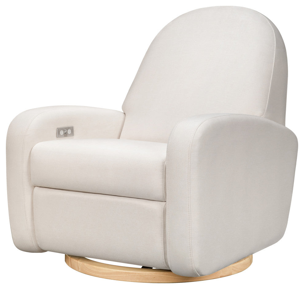 Nami Electronic Recliner and Swivel Glider Recliner, Boucle With USB port, Performance Cream Eco-Weave With Light Wood Base