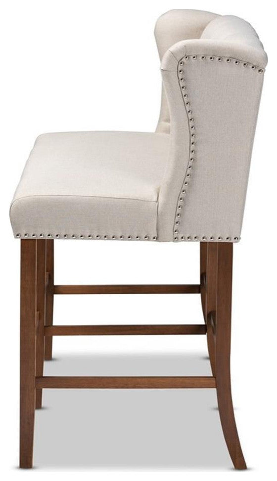 Alira Beige Fabric Upholstered Walnut Wood Button Tufted Bar Stool Bench