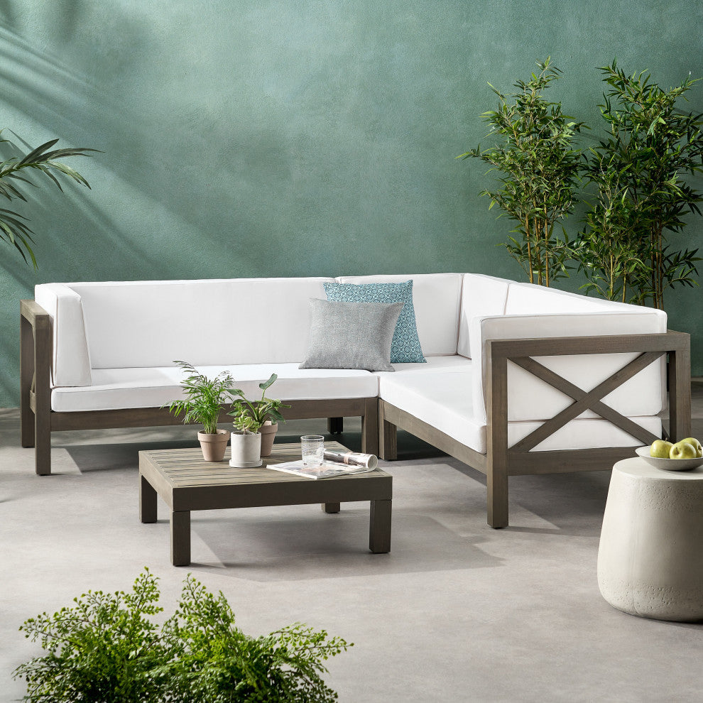 GDF Studio Brava Outdoor 4 Piece V-Shaped Acacia Wood Sectional Sofa Set, White