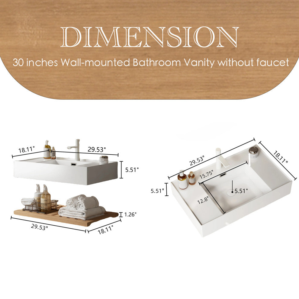 Wall-Mounted Bathroom Vanity With White Rectangular Acrylic Integrated Basin, 30"