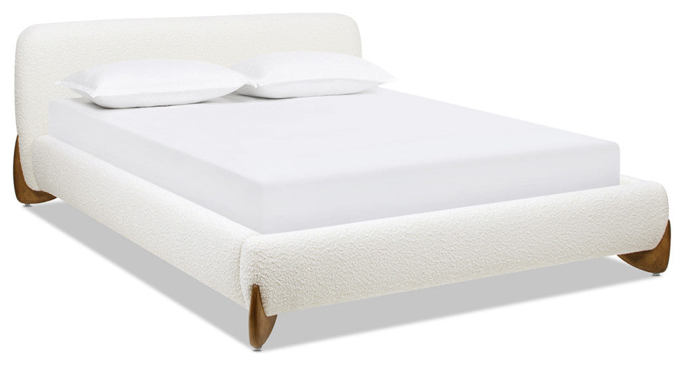 Alpine Sherpa Modern Platform Bed, Ivory White Boucle, Queen