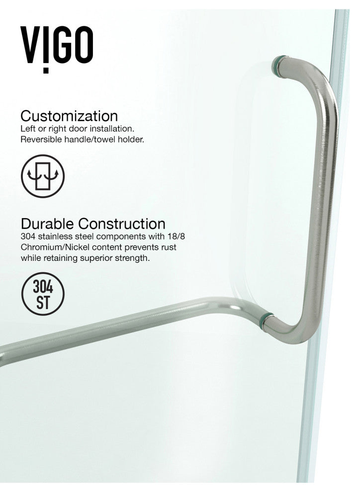 VIGO Pacifica 46"D x 34"W x 73"H Frameless Hinged Shower Enclosure, Brushed Nickel, Without Base