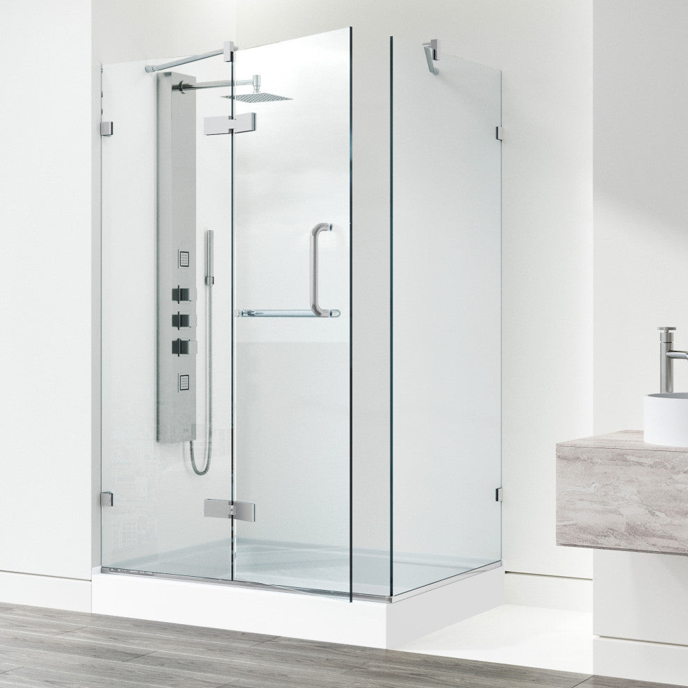 VIGO Monteray 32"D x 48"W x 79"H Frameless Hinged Shower Enclosure, Chrome, Left Base