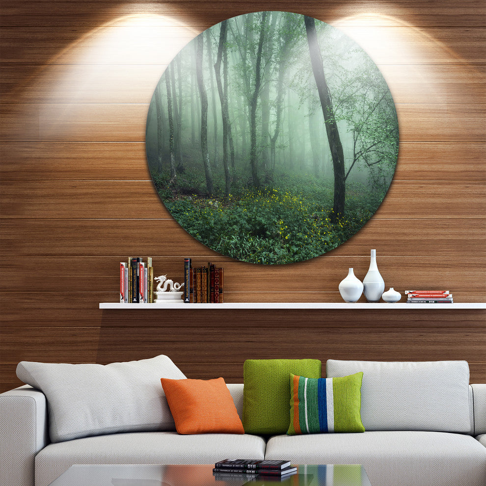 Trail Through Dark Foggy Forest, Landscape Round Metal Wall Art, 23"