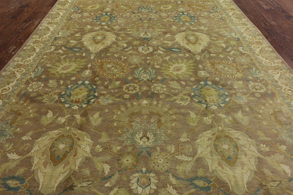 Authentic Oushak Hand-Knotted Mocha Peshawar Chobi Oriental Wool Rug, 9'x12'