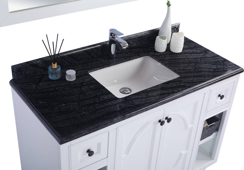 Odyssey, 48, White Cabinet With Black Wood Marble Countertop